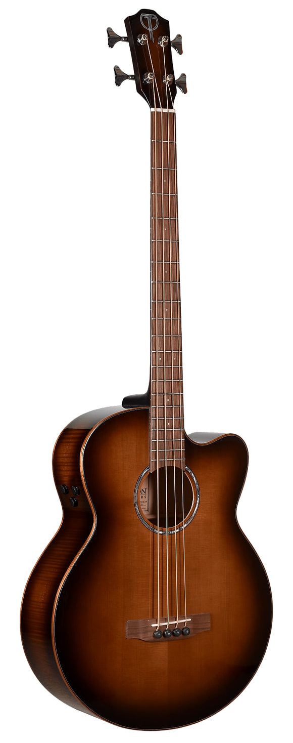 Teton STB130FMGHBCENT Acoustic bass, solid spruce top, flamed maple back/sides, cutaway, Fishman Flex electronics, golden honey burst gloss finish