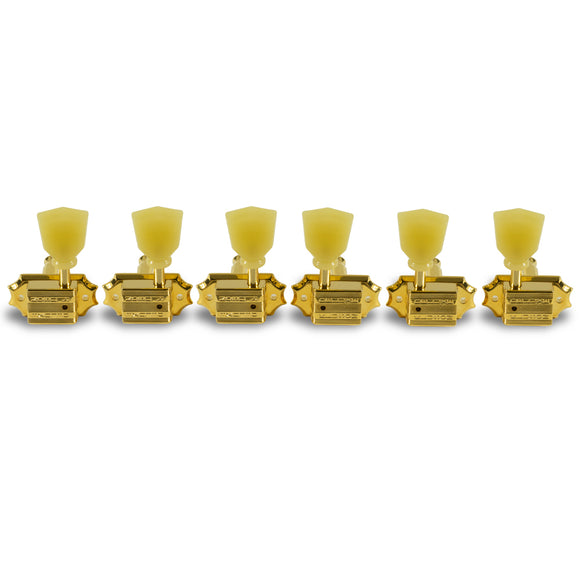 Kluson 3 Per Side Vintage Diecast Series Non-Collared Tuning Machines Gold With Plastic Keystone Button