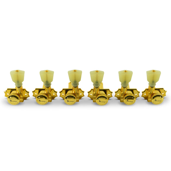 Kluson 3 Per Side Locking Revolution Series G-Mount Non-Collared Tuning Machines Gold With Plastic Keystone Button