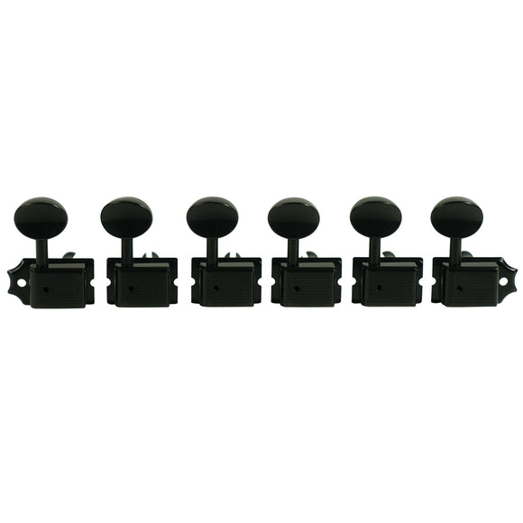 Kluson 6 In Line Deluxe Series Tuning Machines - Single Line - Black w/ Oval Metal Buttons