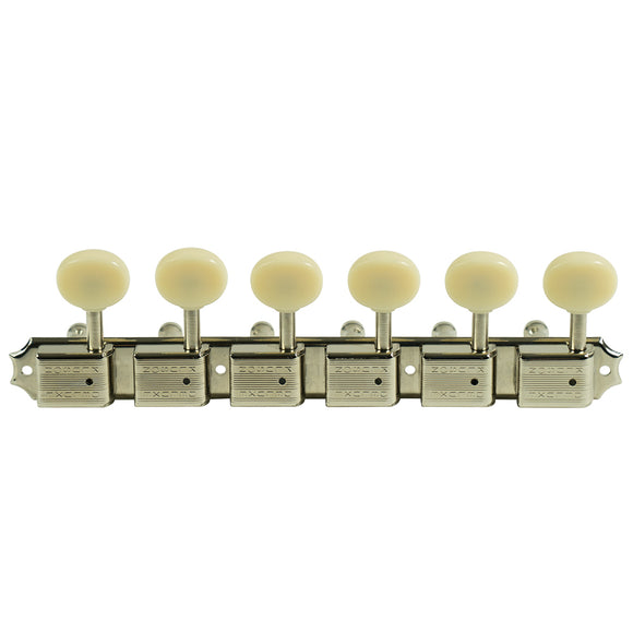 Kluson 6 On A Plate Left Hand Deluxe Series Tuning Machines - Double Line - Nickel With Oval Plastic Buttons