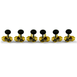 Kluson 3 Per Side Prestige Series Horizontal Mount Open Bronze Gear Tuning Machines Gold With Black Plastic Button