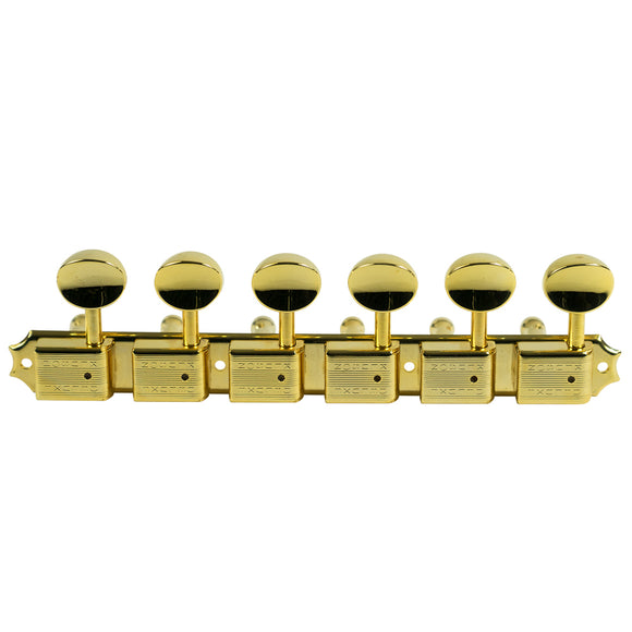 Kluson 6 On A Plate Left Hand Deluxe Series Tuning Machines - Double Line - Gold With Oval Metal Buttons