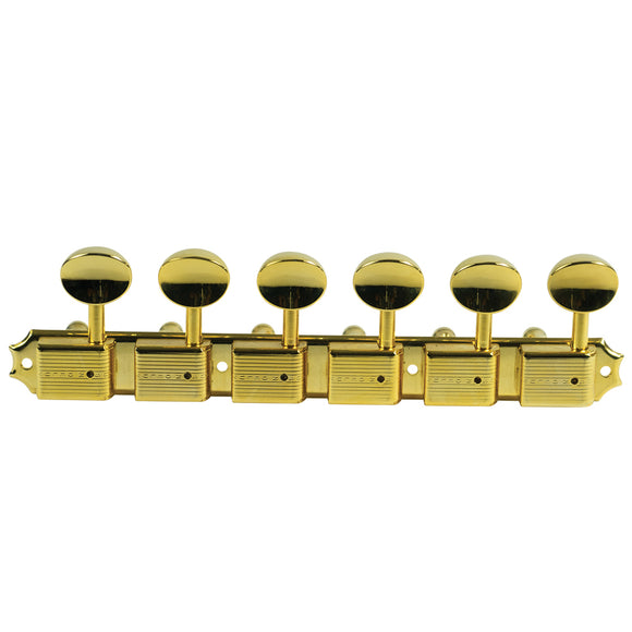 Kluson 6 On A Plate Left Hand Deluxe Series Tuners - Single Line - Gold w/ Oval Metal Buttons