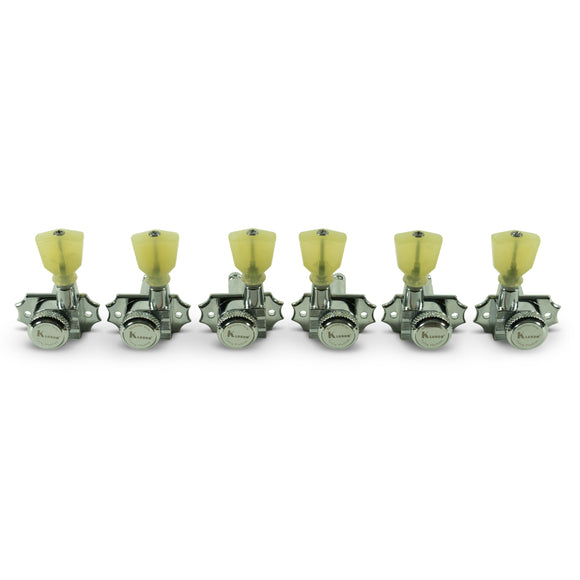 Kluson 3 Per Side Locking Revolution Series G-Mount Non-Collared Tuning Machines Chrome With Plastic Keystone Button