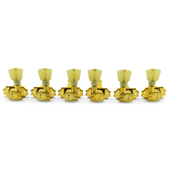 Kluson 3 Per Side Revolution Series G-Mount Tuning Machines Gold With Plastic Keystone Button
