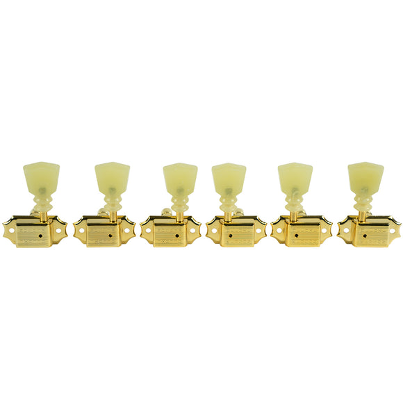 Kluson 3 Per Side Locking Deluxe Series Tuners - Double Line - Gold w/ Double Ring Plastic Keystone Buttons