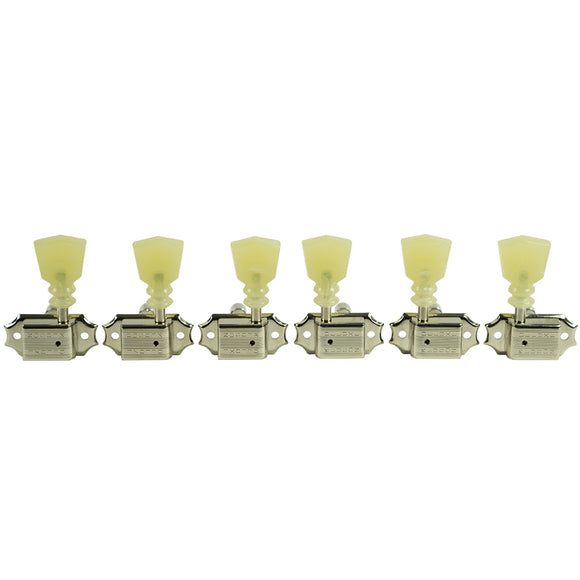 Kluson 3 Per Side Locking Deluxe Series Tuning Machines - Double Line - Nickel w/ Double Ring Plastic Keystone Buttons