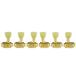 Kluson 3 Per Side Deluxe Series Tuners - Double Line - Standard Post - Gold w/ Double Ring Plastic Keystone Buttons