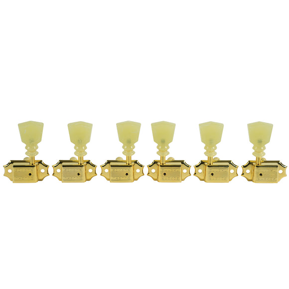 Kluson 3 Per Side Deluxe Series Tuners - Double Line - Standard Post - Gold w/ Double Ring Plastic Keystone Buttons