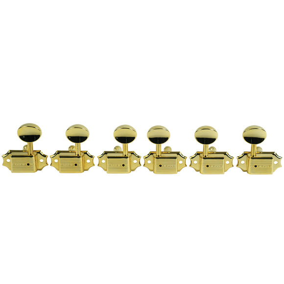 Kluson 3 Per Side Deluxe Series Tuning Machines - Single Line - Standard Post - Gold With Metal Oval Buttons
