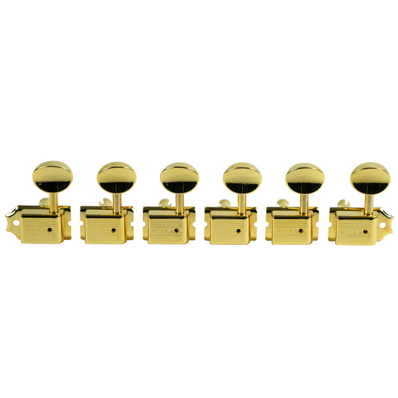 Kluson 6 In Line Left Hand Deluxe Series Tuners - Single Line - SafeTi Post - Gold w/ Oval Metal Buttons