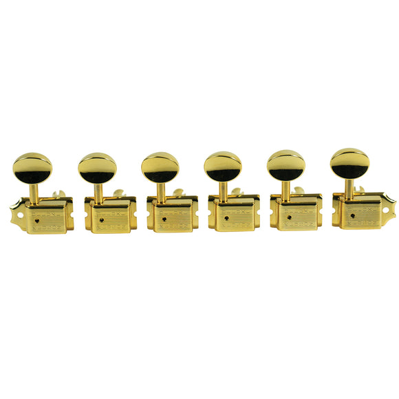 Kluson 6 In Line Deluxe Series Tuners - Double Line - Gold w/ Oval Metal Buttons