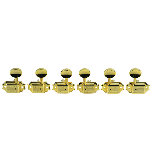 Kluson 3 Per Side Deluxe Series Tuning Machines - Double Line - Standard Post - Gold With Metal Oval Buttons