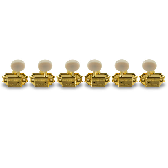 Kluson 3 Per Side Vintage Diecast Series Tuning Machines Gold With Parchment Plastic Button