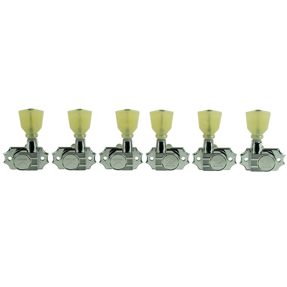 Kluson 3 Per Side Revolution Series G-Mount Non-Collared Tuning Machines Chrome w/ Plastic Keystone Button