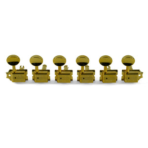 Kluson 6 In Line Supreme Series Tuning Machines With Staggered Posts Gold With Metal Oval Button