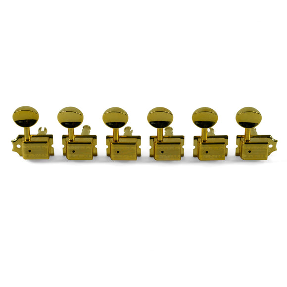 Kluson 6 In Line Supreme Series Tuning Machines With Staggered Posts Gold With Metal Oval Button