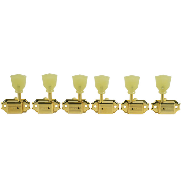 Kluson 3 Per Side Deluxe Series Tuners - Single Line - Standard Post - Gold w/ Single Ring Plastic Keystone Buttons