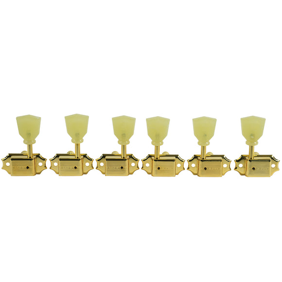 Kluson 3 Per Side Deluxe Series Tuners - Single Line - Standard Post - Gold w/ Single Ring Plastic Keystone Buttons