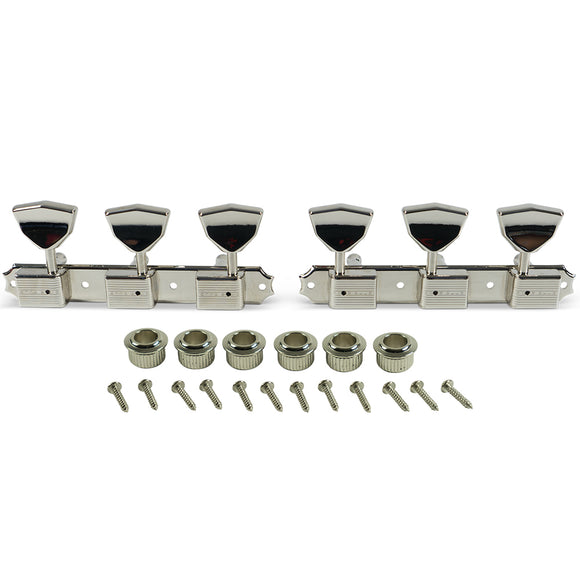 Kluson 3 On A Plate Deluxe Series Tuning Machines - Single Line - Standard Post - Nickel With Butterfly Metal Buttons