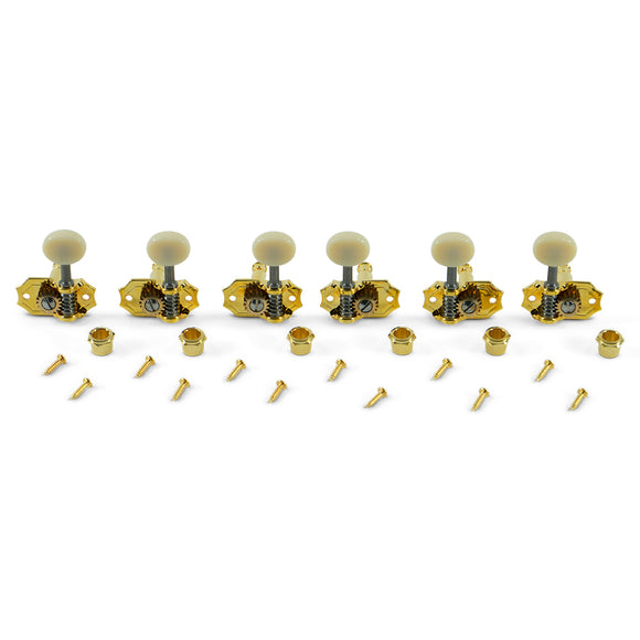 Kluson 3 Per Side Prestige Series Vintage Vertical Mount Open Bronze Gear Tuning Machines Gold With Parchment Plastic Buttons