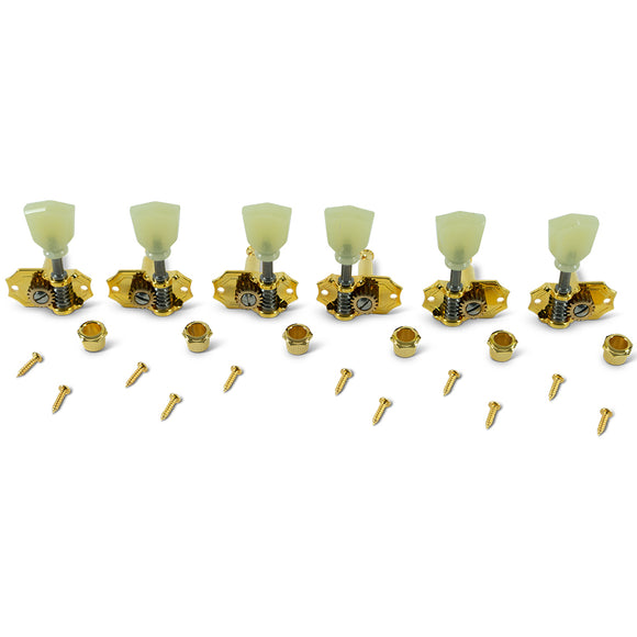 Kluson 3 Per Side Prestige Series Vertical Mount Open Bronze Gear Tuning Machines Gold With Plastic Keystone Button