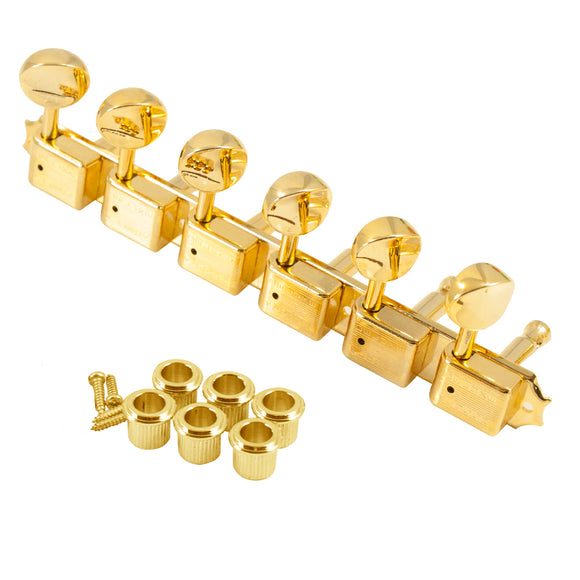 Kluson 6 On A Plate Deluxe Series Tuning Machines - Double Line - Gold With Oval Metal Buttons
